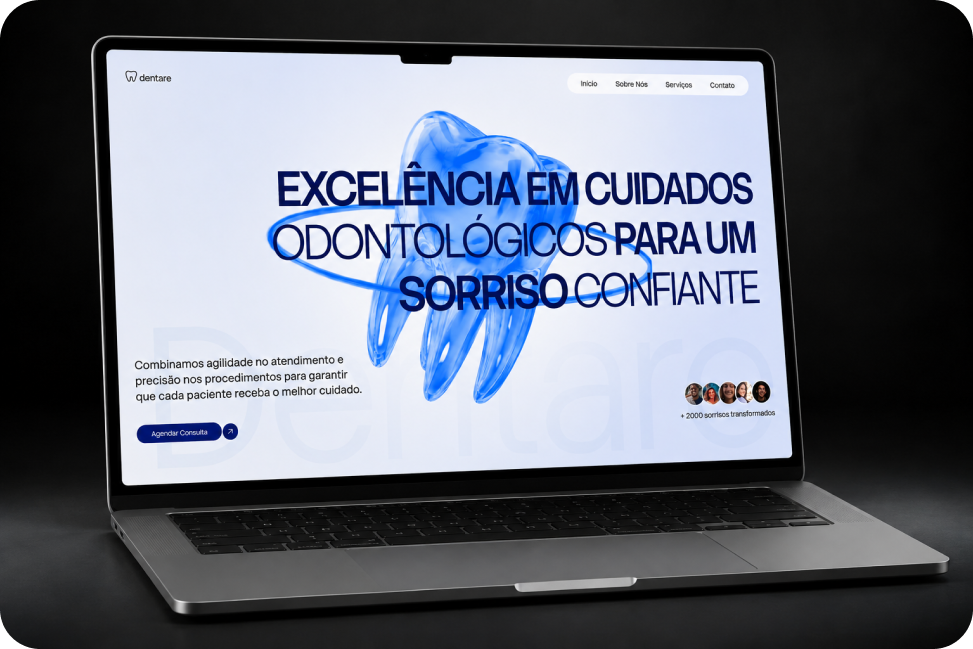 Projeto conceitual para clínica odontológica exibido em notebook e celular